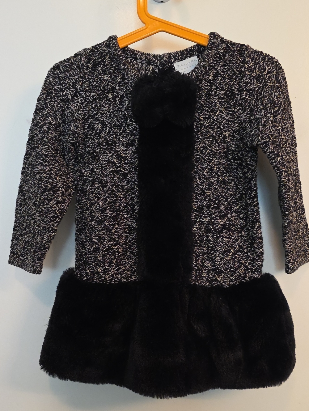 Tahari Black and White Tweed Special Occasion Dress with Silky Black Faux Fur